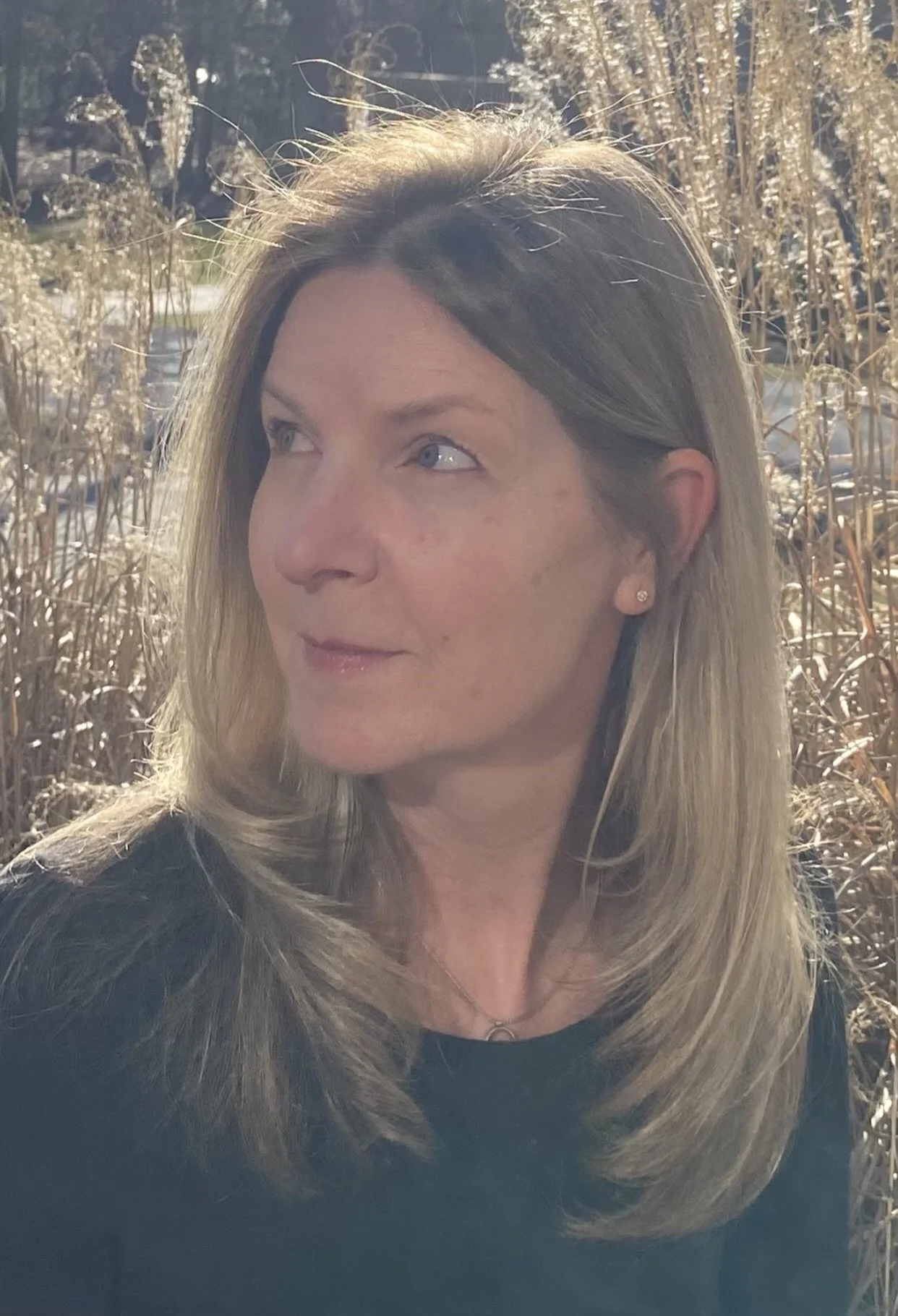 Woman with long blond hair in sunlight, surrounded by dry grass.