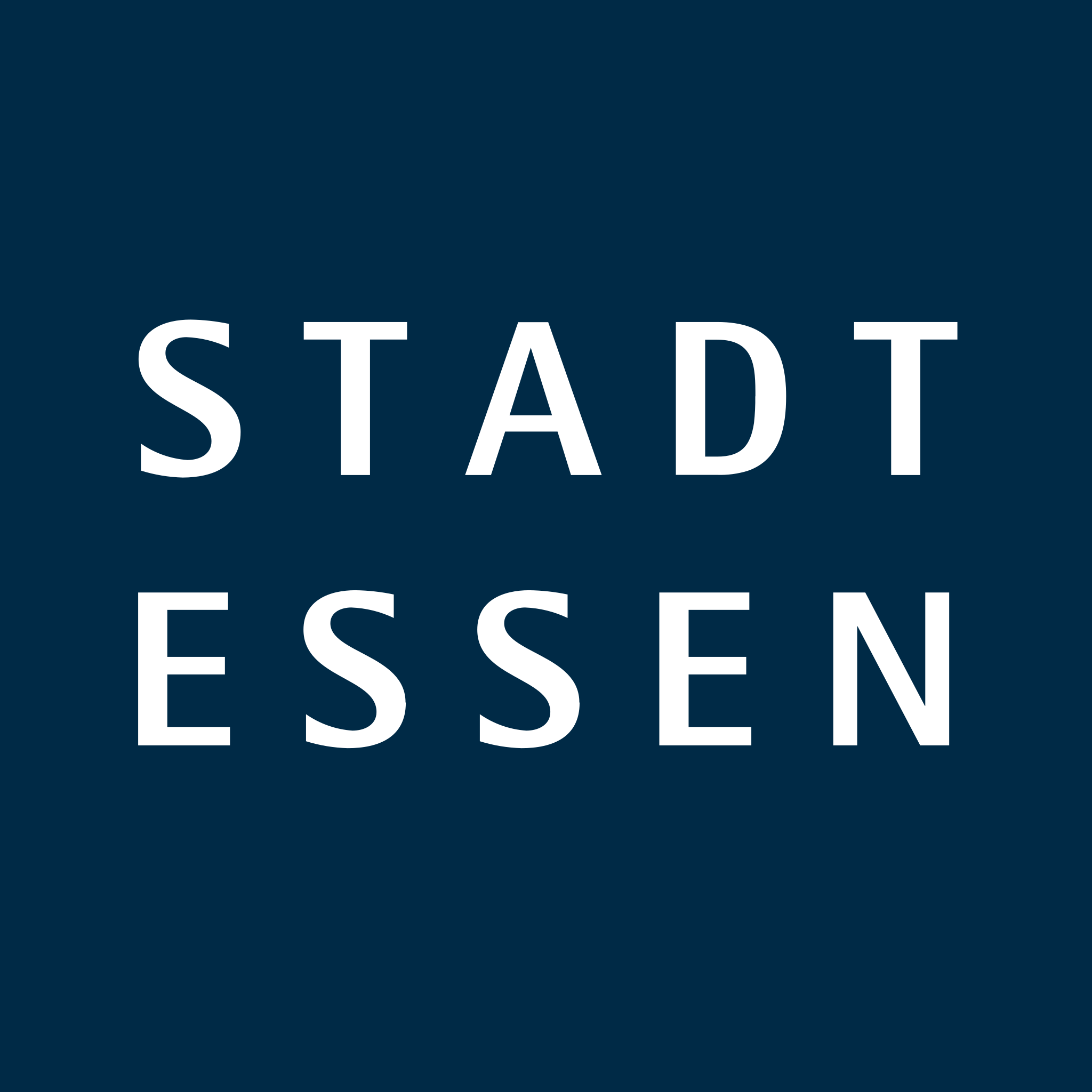 Logo mit dunkelblauem Hintergrund und weißen Text "Stadt Essen" in der Mitte.