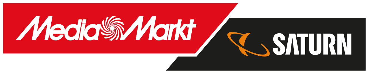 Logo von MediaMarkt in Rot mit weißer Schrift und einem rot-weißen Spiralmuster, neben dem Saturn-Logo in Schwarz mit orangenem Planetensymbol und weißer Schrift.