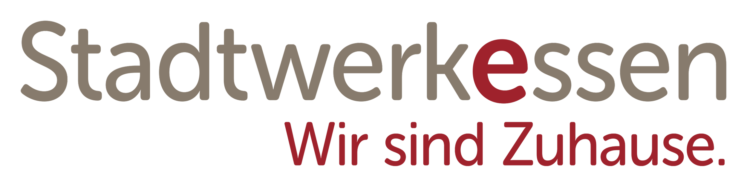 Stadtwerkeessen Logo mit dem Titel 'Wir sind Zuhause' in verschiedenen Schriftgrößen und Farben.