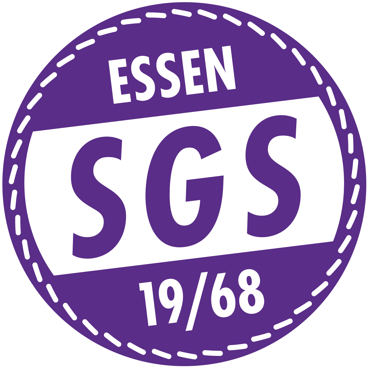 Ein runder, lila Badge mit weißen gestrichelten Umrandung. Es steht in weißen Buchstaben 'Essen' am oberen Rand, 'SGS' in großen Buchstaben in der Mitte, und '19/68' am unteren Rand.