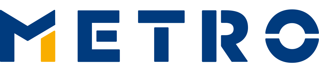 Logo der Metro, mit blauer Schrift und einem gelben Element im ersten Buchstaben.