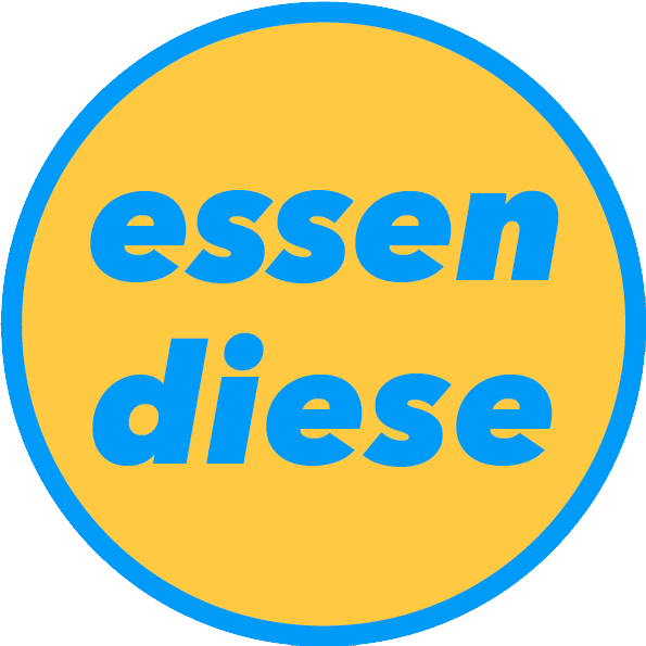 Gelber Kreis mit blauer Umrandung und blauer Schrift, die 'essen diese' sagt.