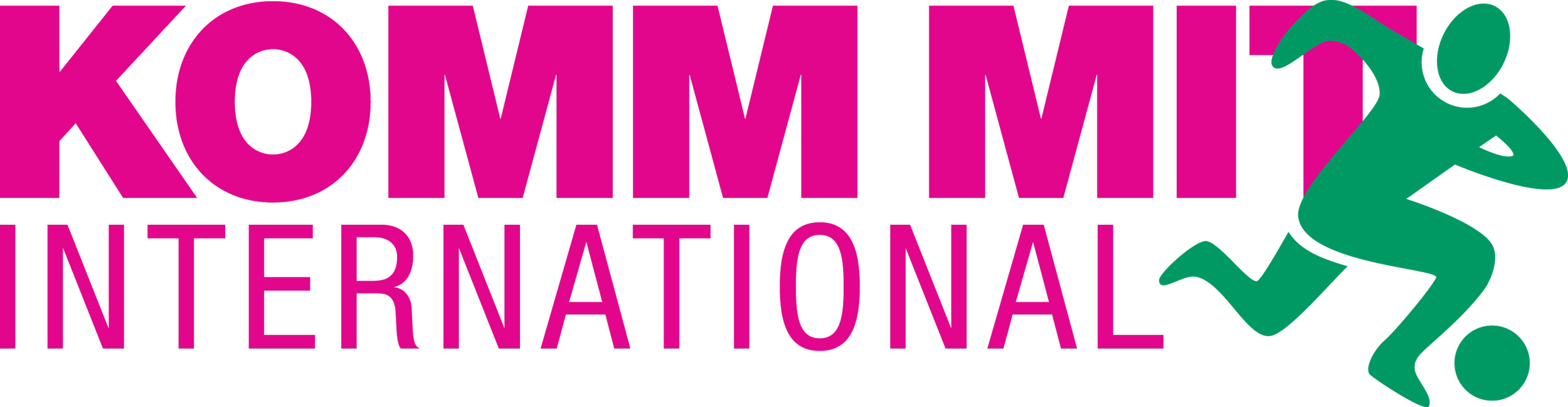 Logo mit pinkem Text 'KOMM'IMI' und 'INTERNATIONAL'
