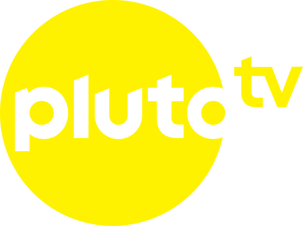 Logo von PlutoTV, mit gelbem Kreis und schwarzem Schriftzug