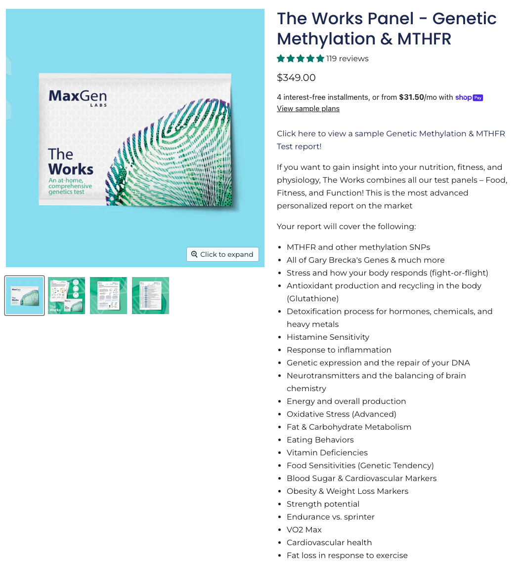 Product packaging and description for 'The Works Panel - Genetic Methylation & MTHFR' by MaxGen Labs, priced at $349.00, showcasing test details for at-home genetics testing.