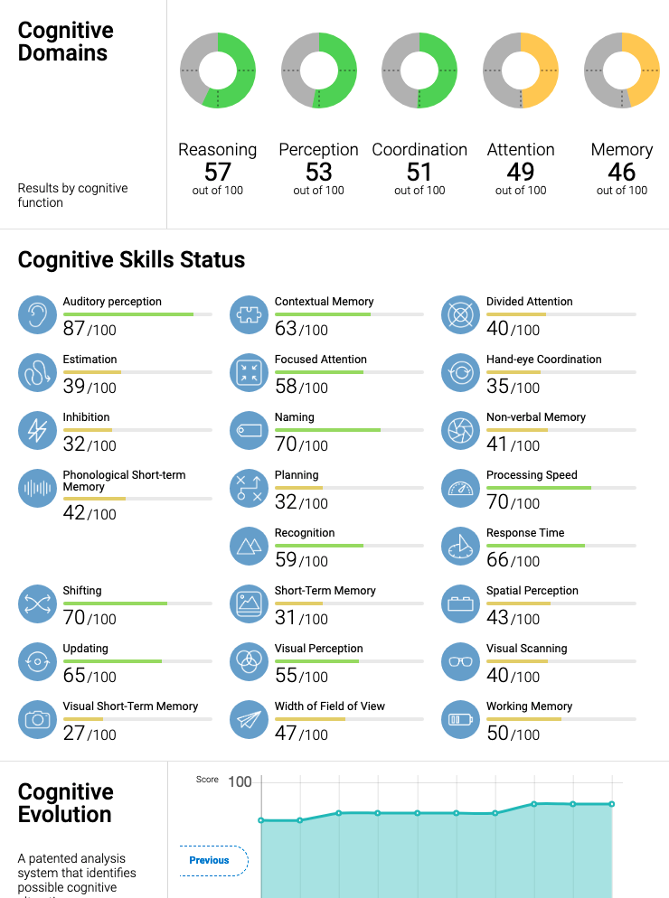 Dashboard displaying cognitive domains, skills status, and evolution scores. Shows bar charts, pie charts, and numerical scores related to different cognitive functions and skills.