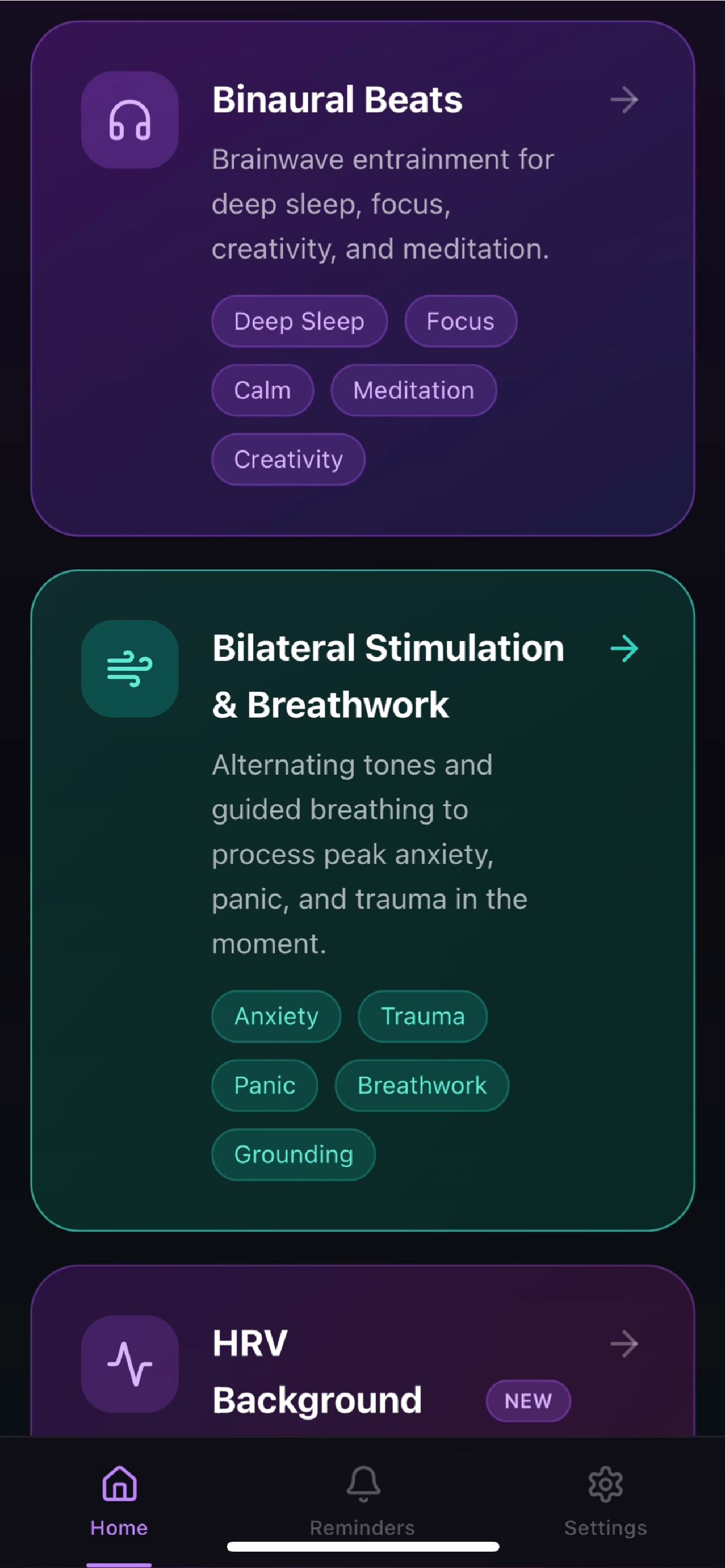 Mobile app interface with three sections for wellness programs. The first section offers 'Binaural Beats' for deep sleep, focus, calm, meditation, and creativity. The second section features 'Bilateral Stimulation & Breathwork' for anxiety, trauma, panic, and grounding. The third section, partially visible, is titled 'HRV Background' with a 'NEW' label, and icons at the bottom for navigation.