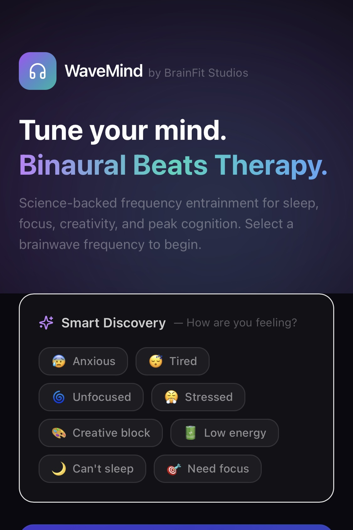App screen for WaveMind by BrainFit Studios, promoting binaural beats therapy for mental wellness with a section for self-assessment of feelings.