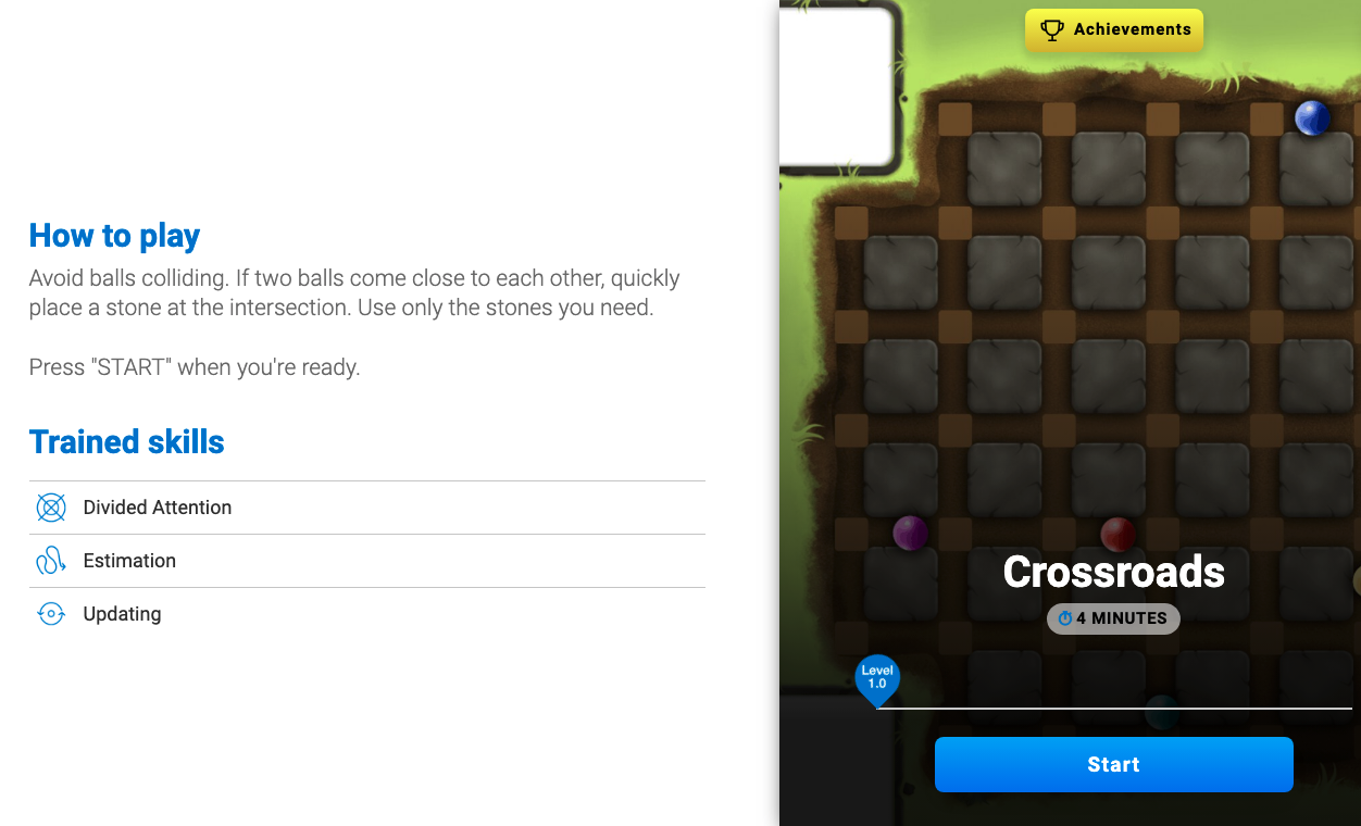 Screenshot of a mobile game called Crossroads with a game board, purple and red balls, a start button, achievements, and level info, with instructions on gameplay and trained skills listed on the side.