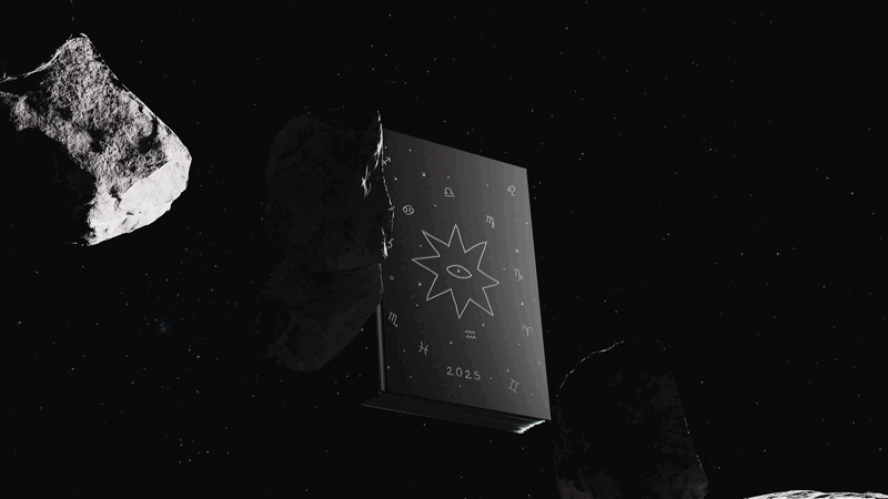 Libro en el espacio rodeado de asteroides con un símbolo y el año 2025 en la portada