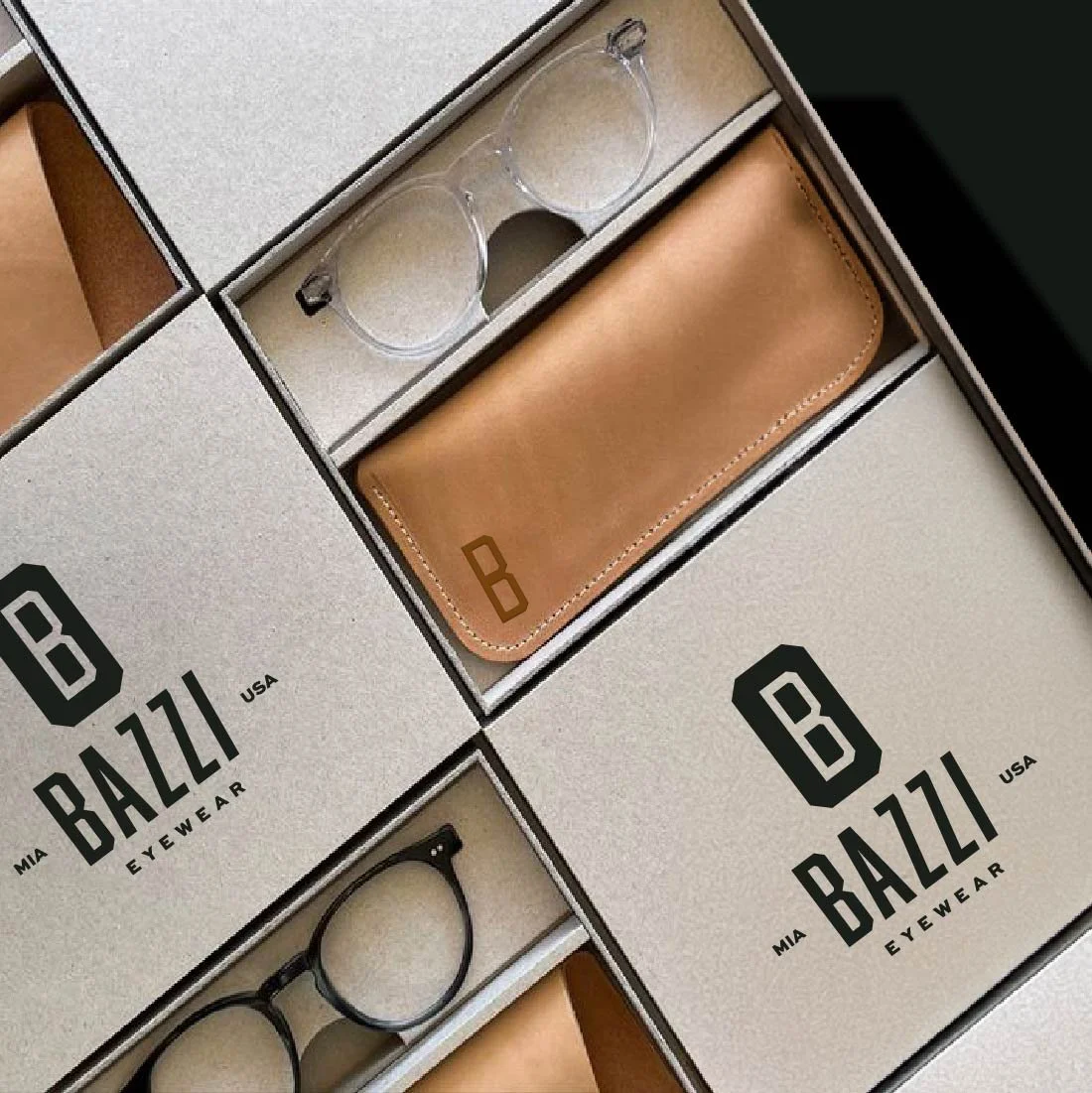 Gafas de sol, cartera de cuero en caja de embalaje de la marca Baili Eyewear.