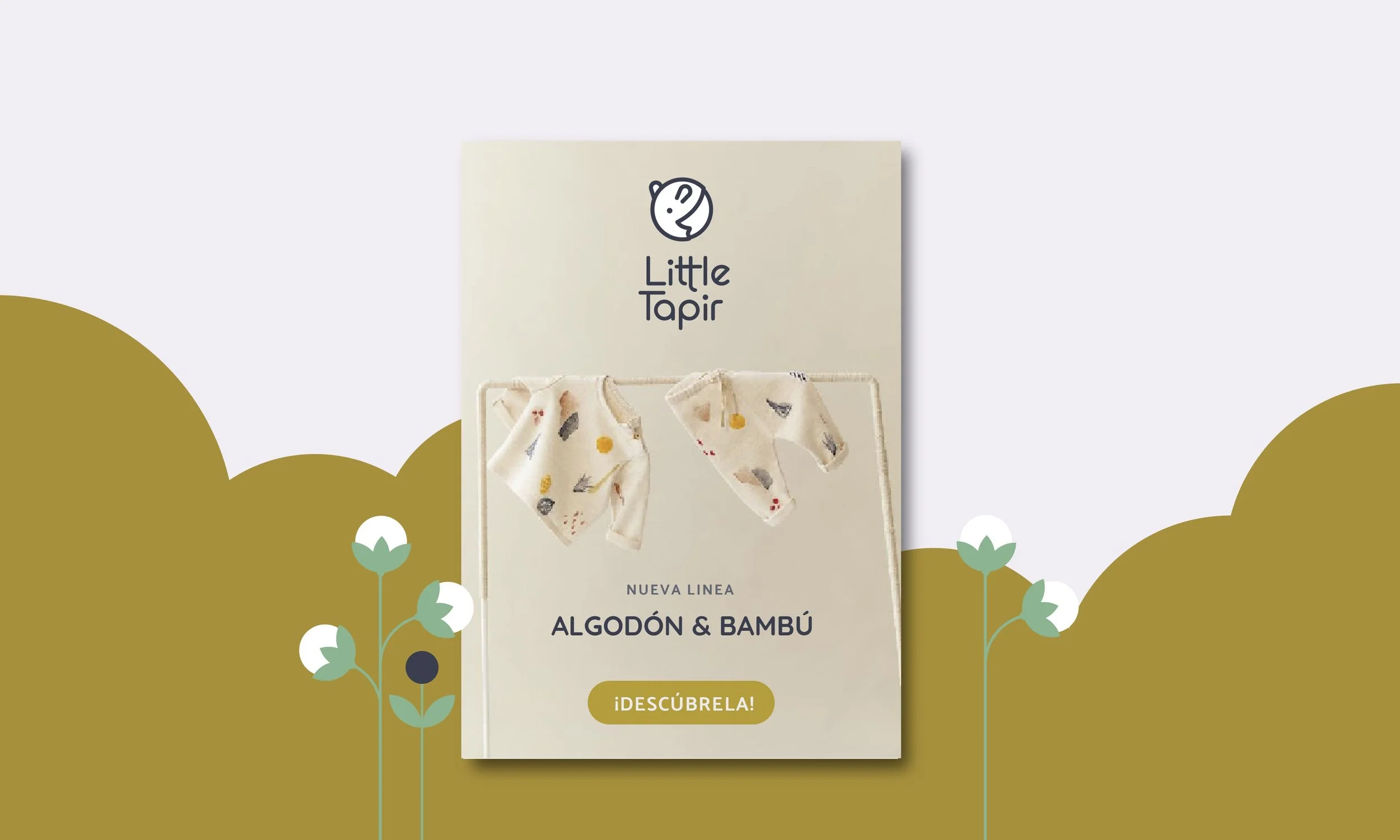Presentación de la nueva línea de ropa para bebés de algodón y bambú de la marca Little Tapir, con prendas colgadas en un tendedero en un fondo de ilustración de colinas y flores.