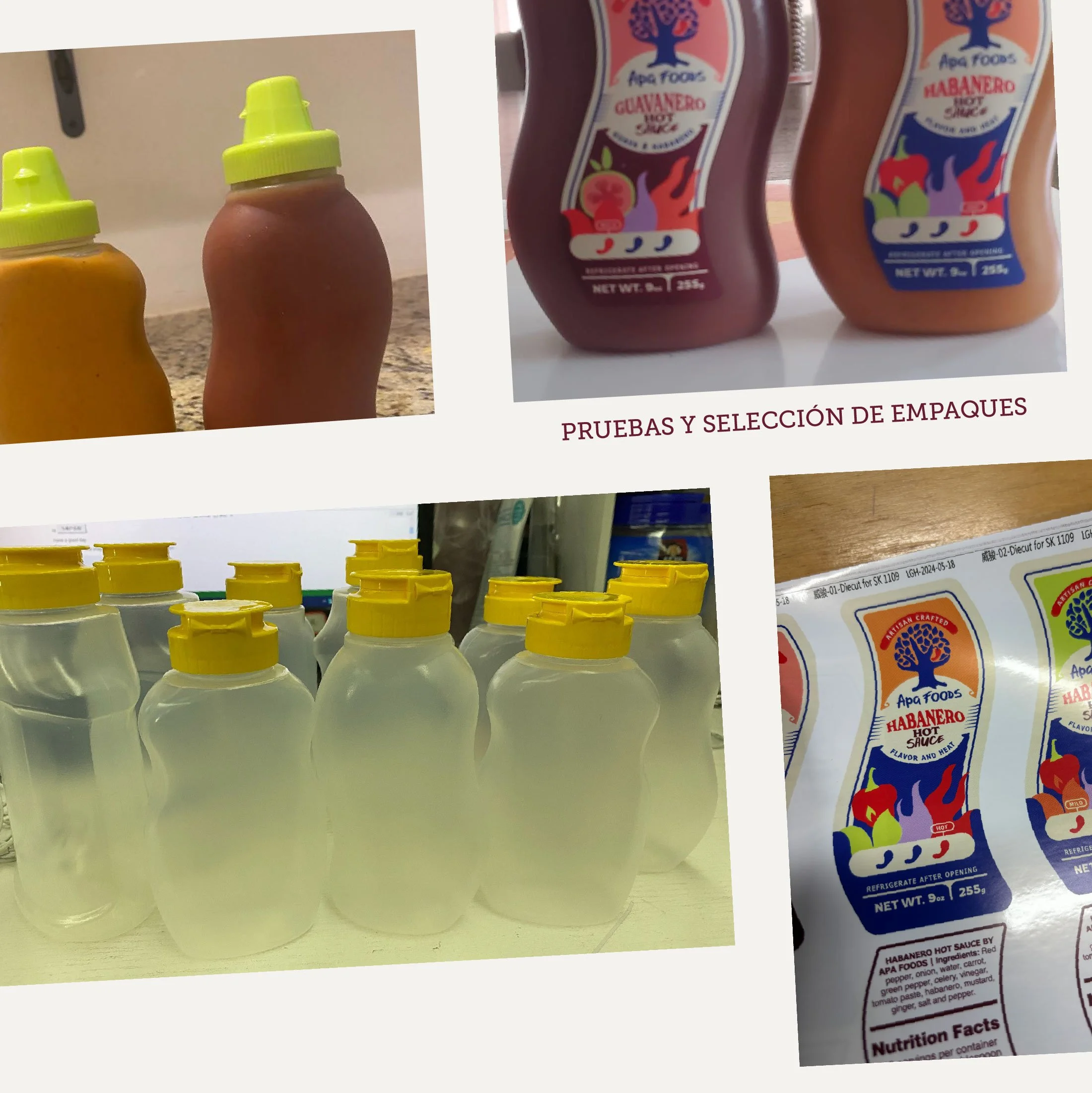 Variedad de productos de salsa y botellas vacías de tamaño mediano con tapas amarillas en una mesa y una estantería, con etiquetas que indican salsa de habanero y guanero de la marca Apa Foods, además de un texto que dice prueba y selección de empaqu