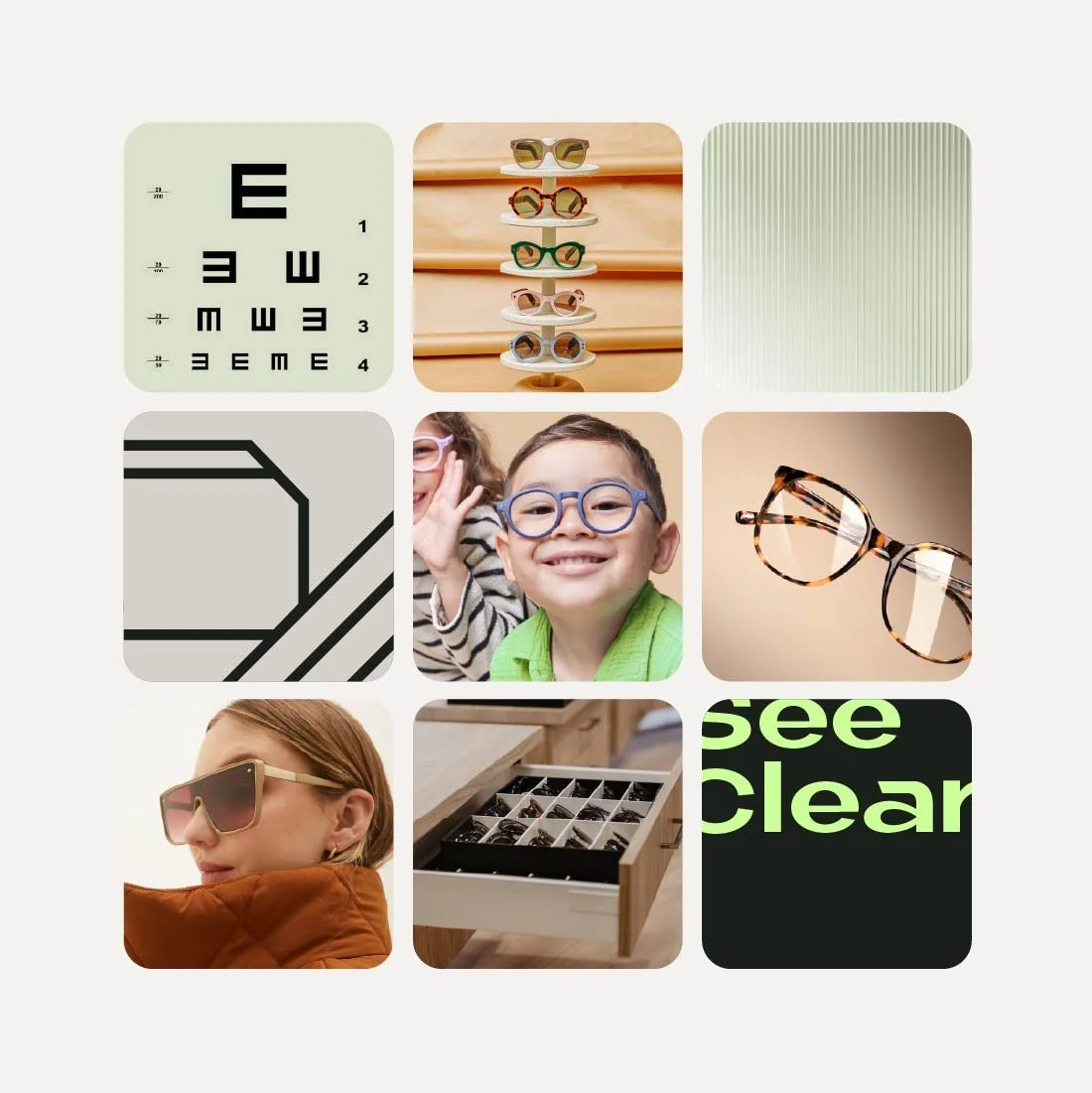 Colección de diferentes tipos de gafas de sol y ópticas, junto a una imagen de niños usando gafas y un cartel que dice 'see clear'.