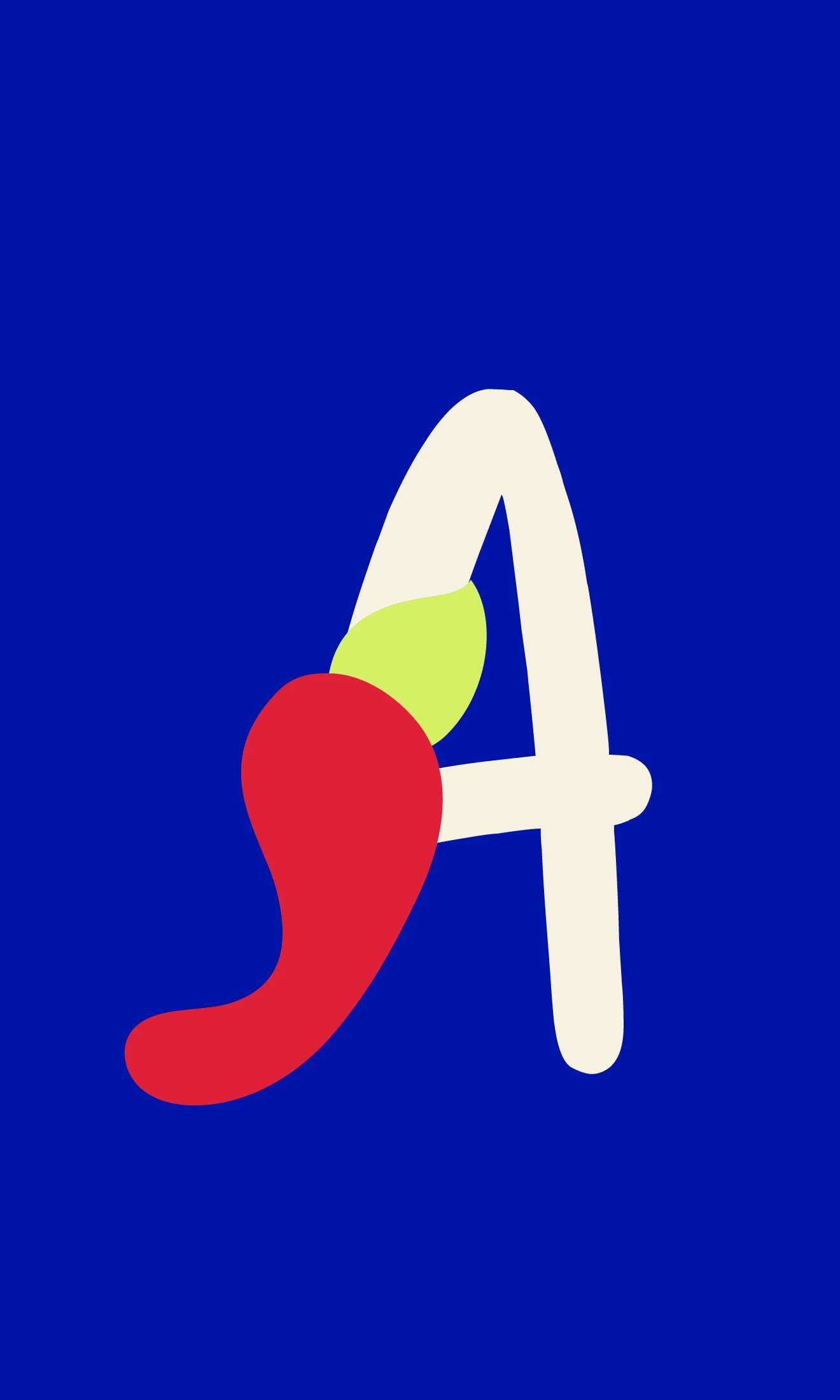 Diseño artístico con una letra A en color blanco, decorada con un chile rojo y una hoja verde, sobre fondo azul.
