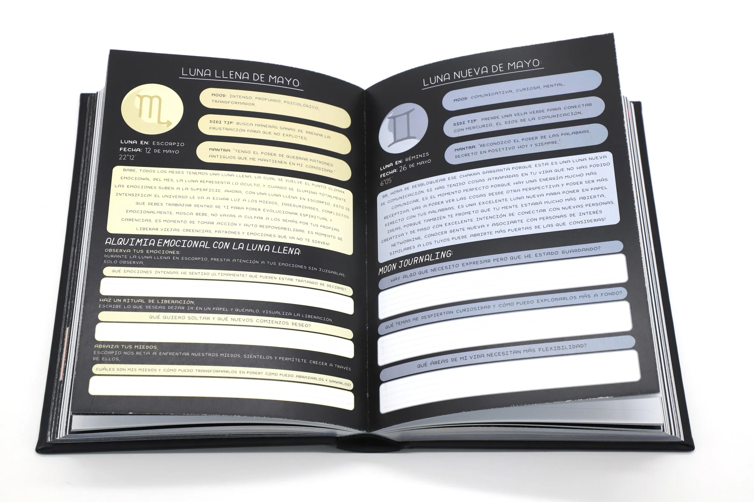 Libro abierto con páginas dedicadas a la luna llena de mayo y la luna nueva de mayo, con información, consejos y espacios para reflexiones, con títulos en español y palabras clave relacionadas con astrología y emociones.