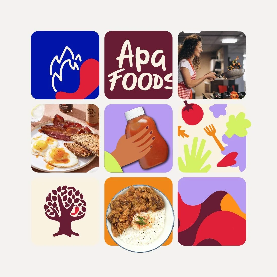 Logo y fotos relacionadas con comida y cocina, incluyendo una mujer cocinando, desayuno, salsa o ketchup, comida frita, y elementos gráficos relacionados con alimentos y naturaleza.