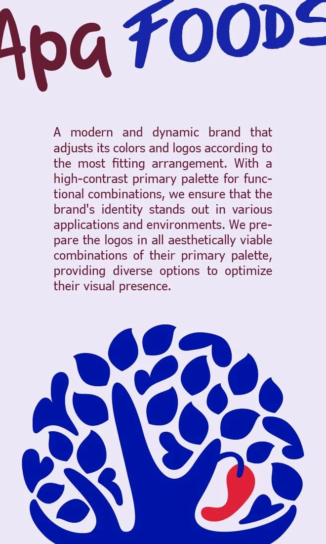 Logotipo de una marca llamada 'Apa Foods' con un árbol estilizado en color azul y un chile rojo en la parte inferior
