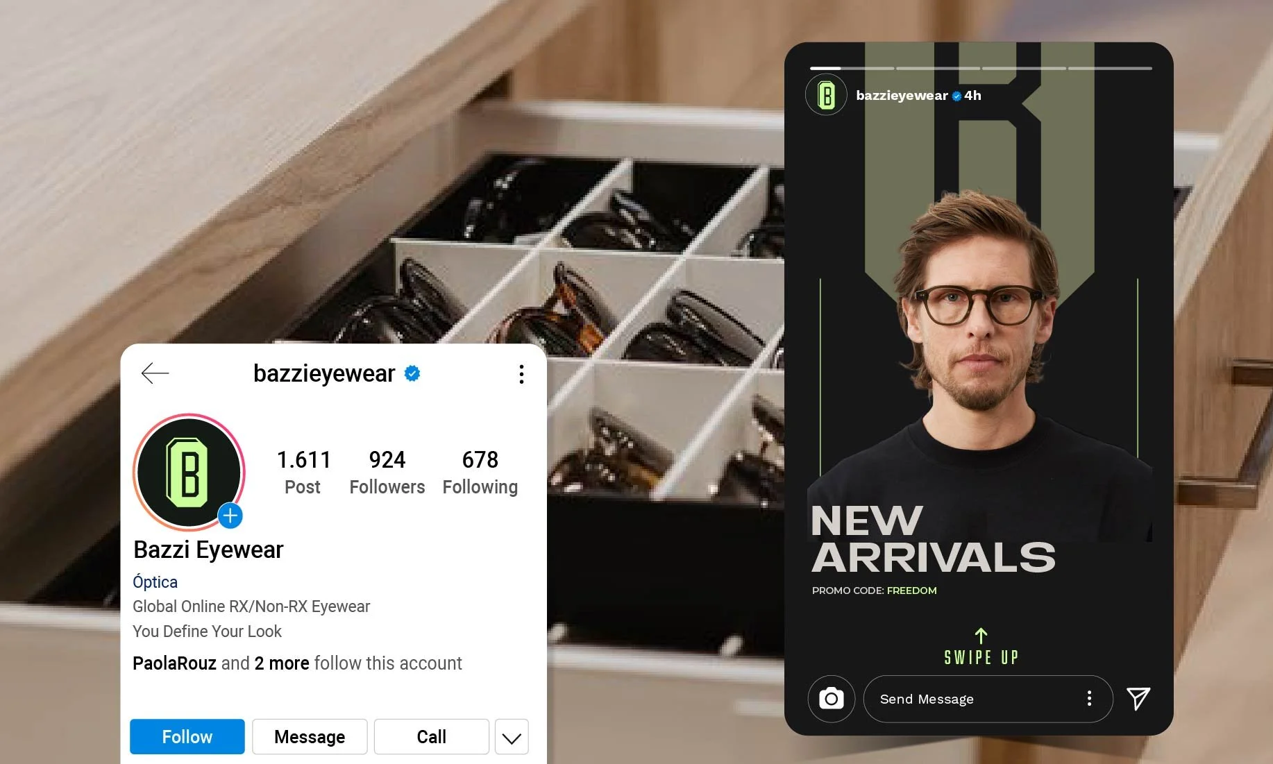 Captura de pantalla del perfil de Instagram de Bazzi Eyewear y una publicación de promoción de nuevos lentes con un modelo, con texto que dice "Nuevo Arrivals" y "CÓDIGO PROMOCIONAL: FROIDOM" con opción para deslizar hacia arriba y enviar mensaje.