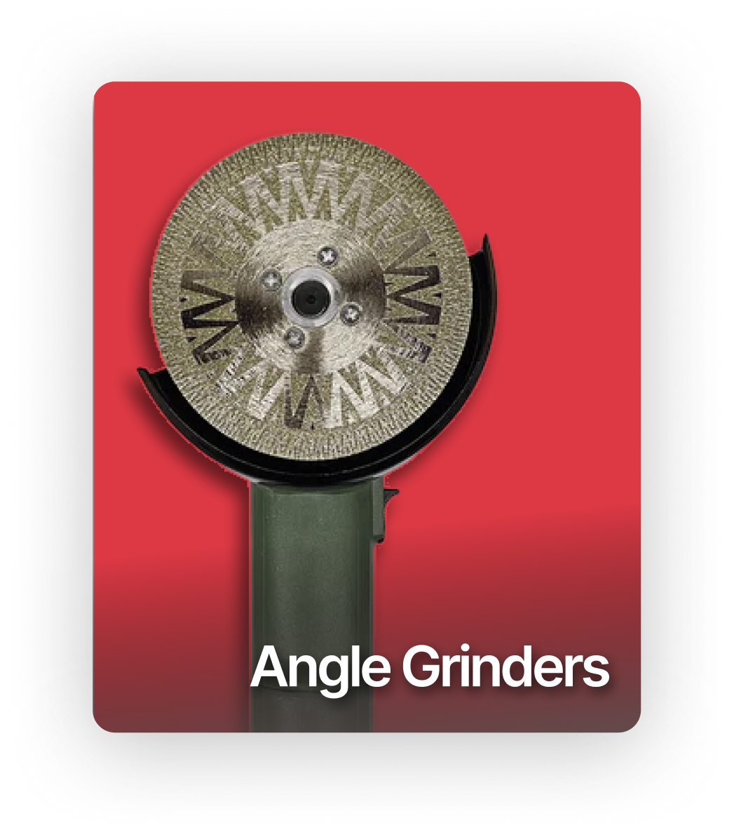 Close-up of a circular saw blade with the word 'WAM' printed repeatedly around the edge, mounted on a green stand.