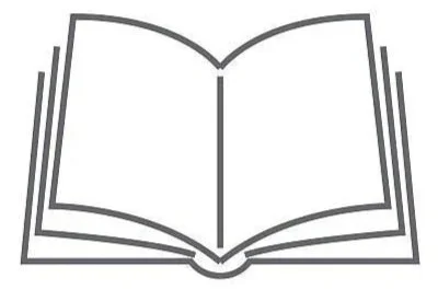 Outline illustration of an open book with blank pages.