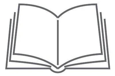Outline illustration of an open book with blank pages.
