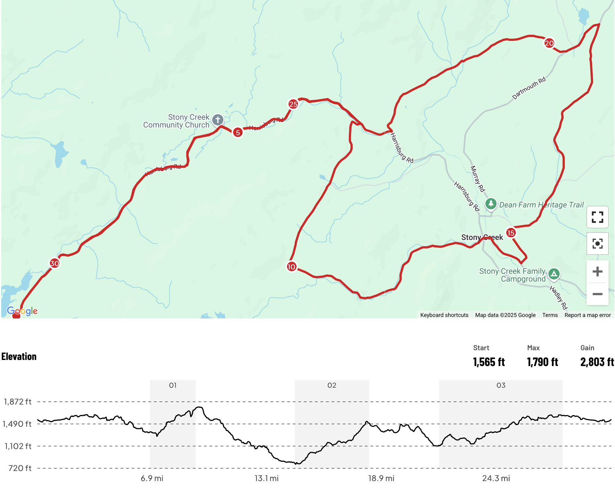 Map of a hiking trail with a red line marking the route, including numbered points of interest and roads, and an elevation profile underneath showing the trail's elevation changes over distance.