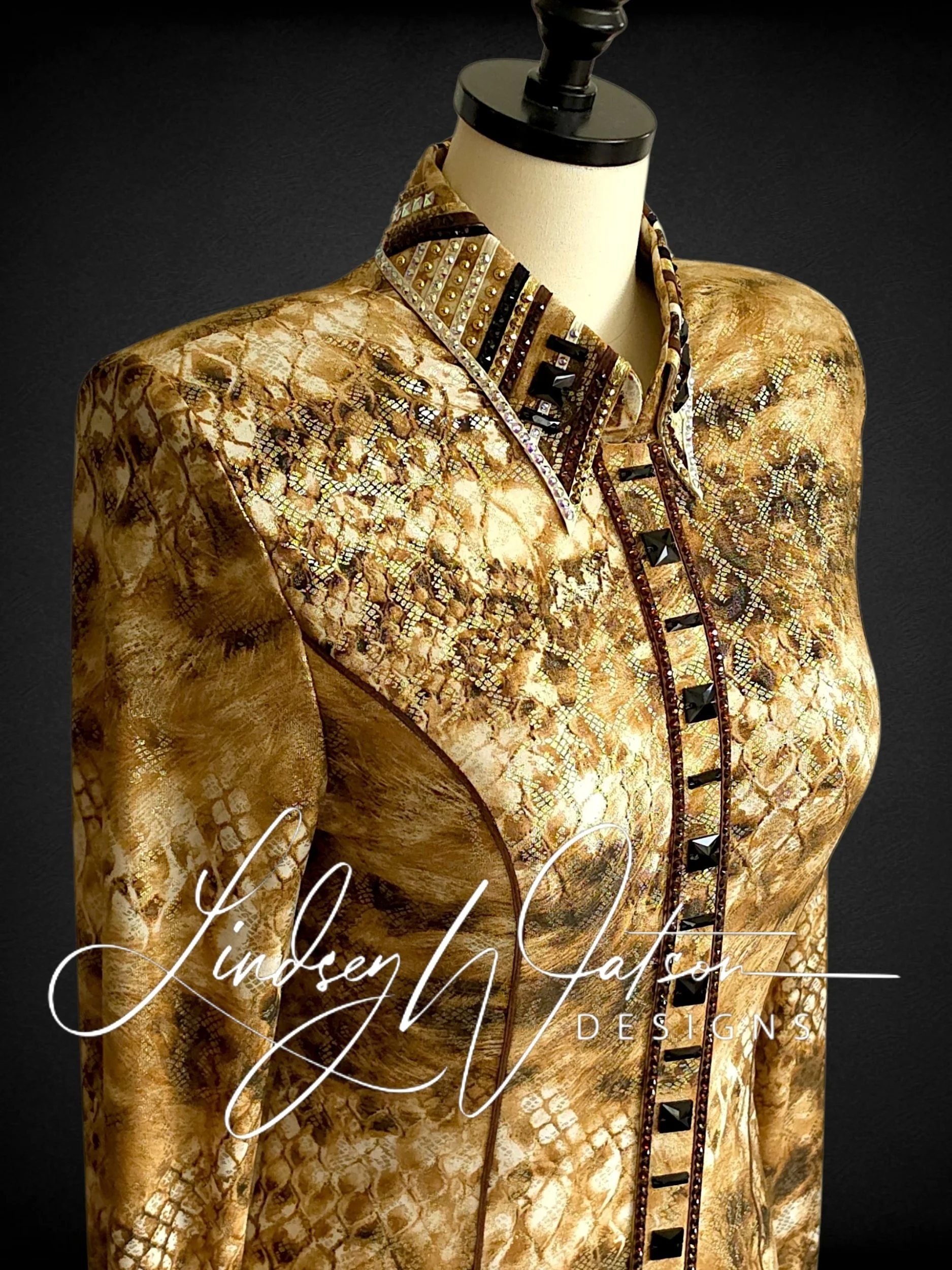 Medium Gold, Brown, Black, and Cream Metallic Day Shirt. Contact Showgirls Apparel Directly.