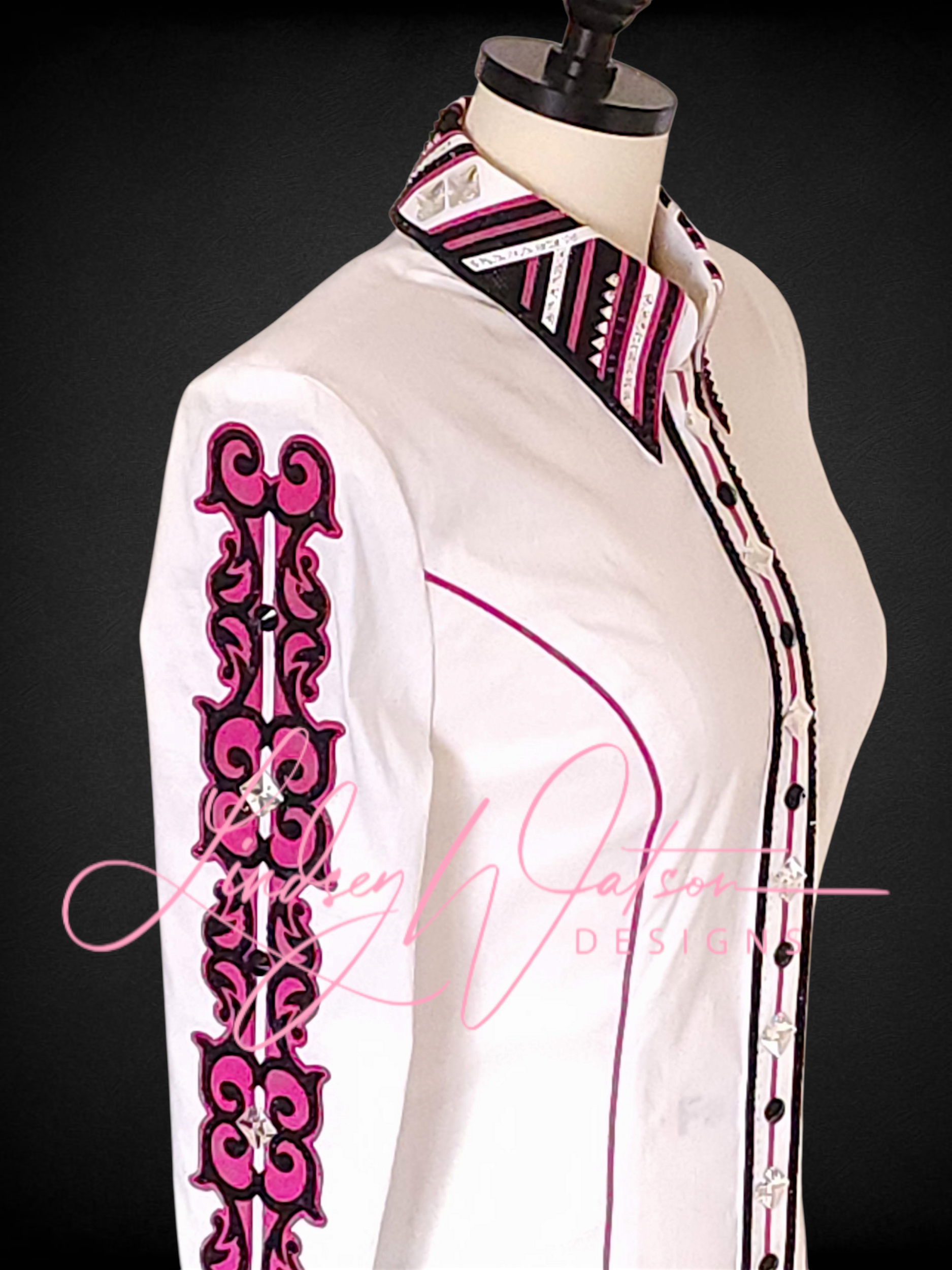 White, Fuchsia, and Black Day Shirt. Available with Showgirls Apparel soon (currently in-store only)