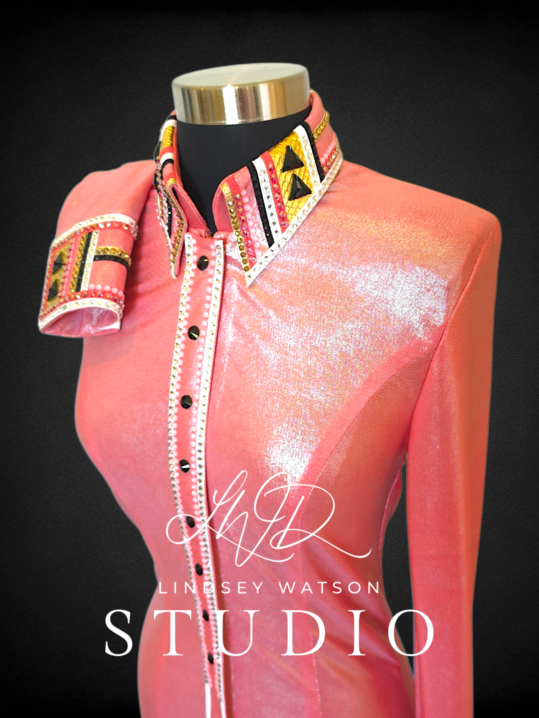 XS Coral, White, Black and Gold Metallic Day Shirt