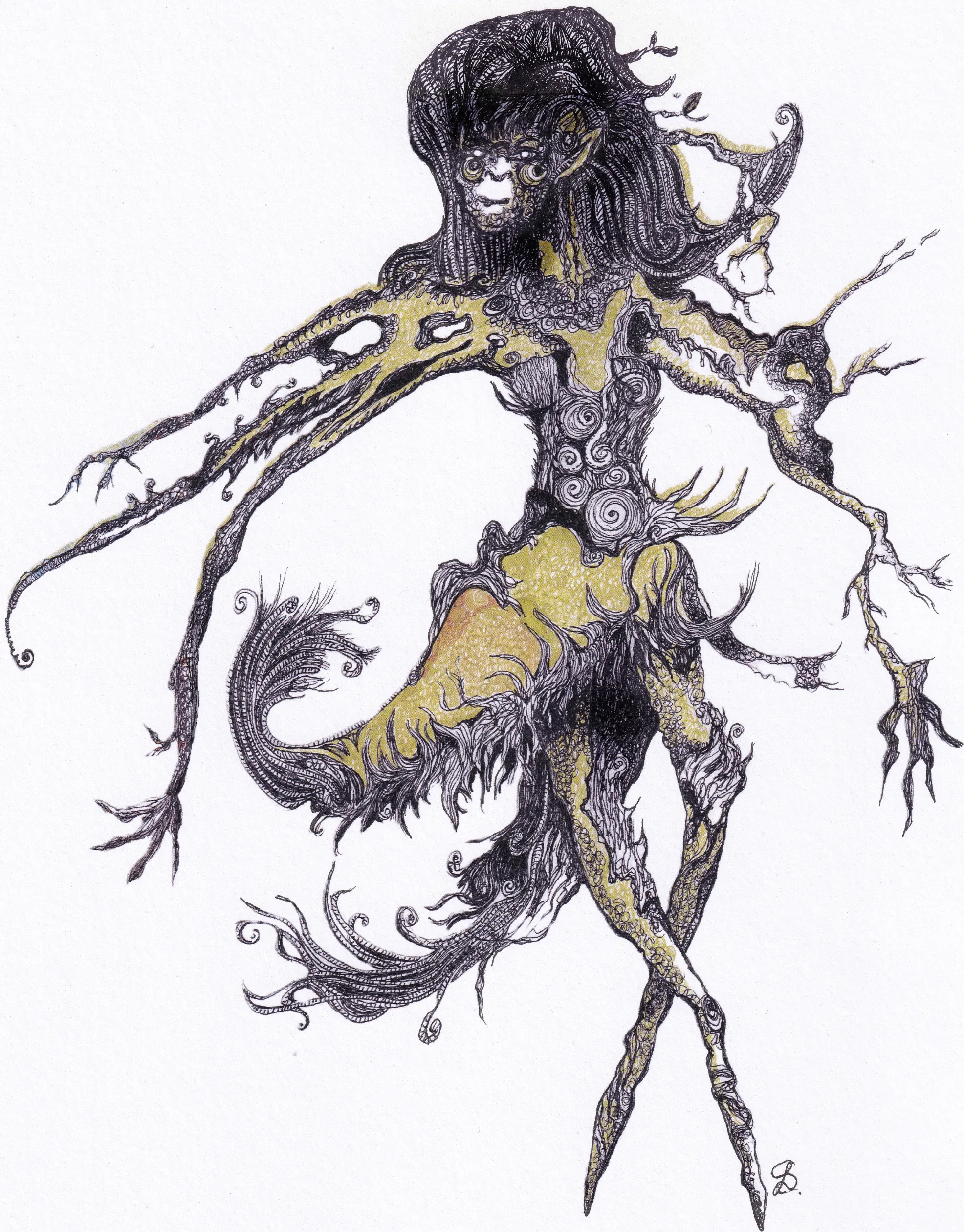 A detailed ink drawing of a fantasy creature with a human face, long flowing hair, and a body formed from tree branches, roots, and foliage. The creature stands upright with extended limbs, and its body integrates intricate swirling patterns and textures.