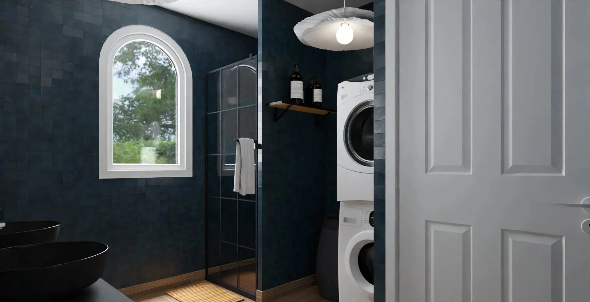 Cas de figure 2 - Rénovation - APRÈS - Salle de bain : ajout de cloisons pour toilettes fermées, suppression de la baignoire, création d'un espace buanderie