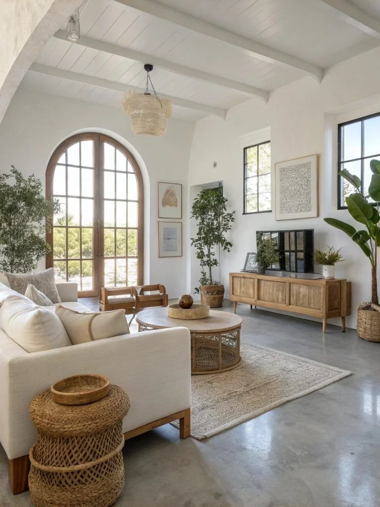 salon maison de vacances matières naturelles bois lin rotin