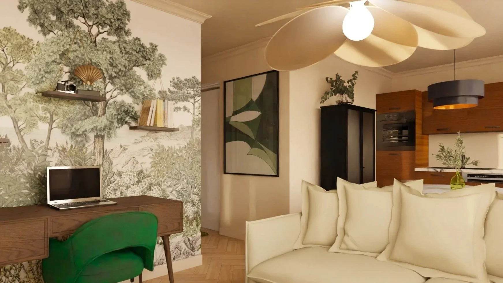 Cas de figure 3 - Logement neuf - APRÈS - Salon, cuisine, couloir - Ajout de cloisons pour mise en place des espaces chambre, SdE, cuisine, salon