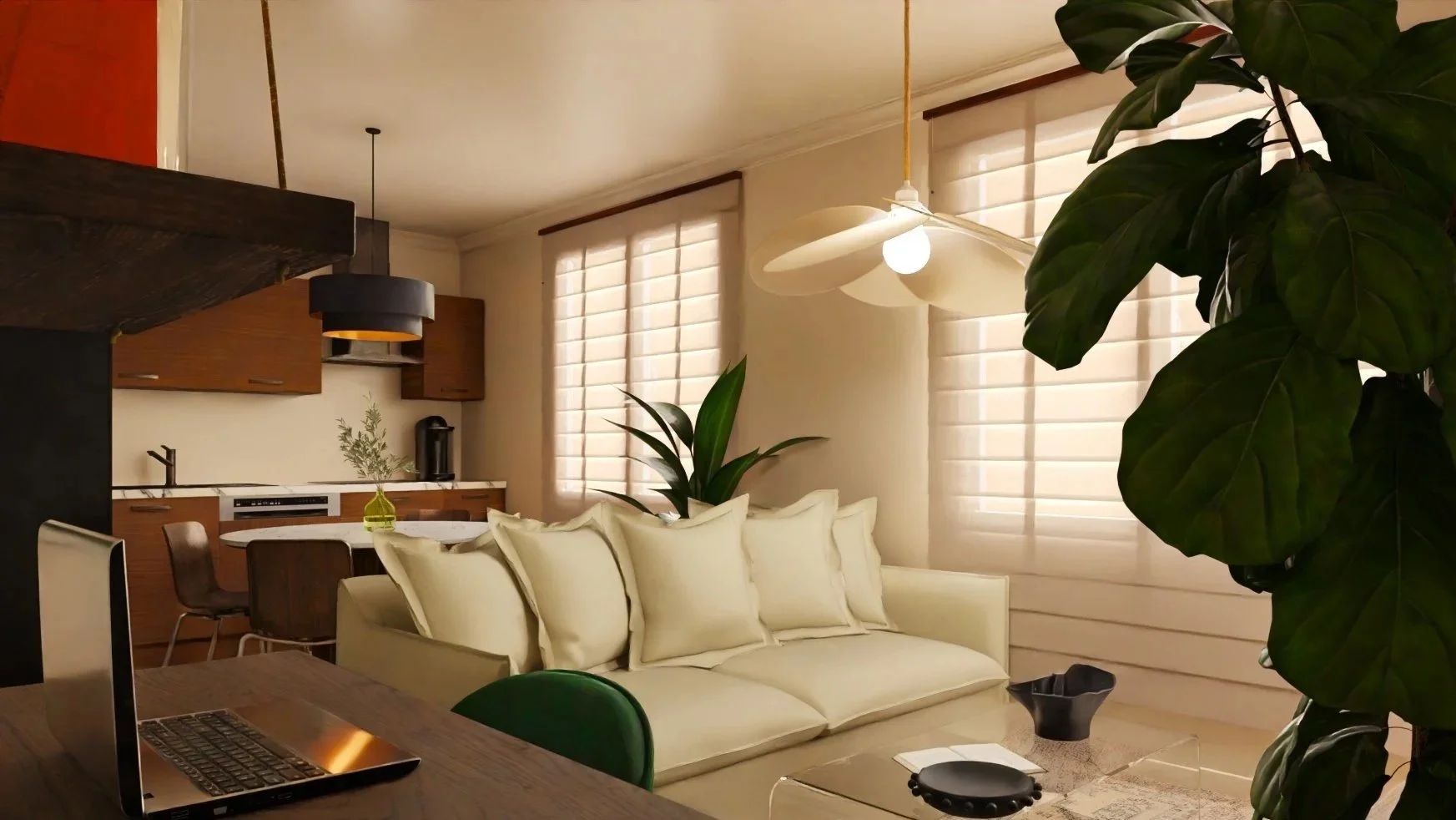 Cas de figure 3 - Logement neuf - APRÈS - Salon, cuisine - Ajout de différents espaces (ici salon, cuisine, bureau)