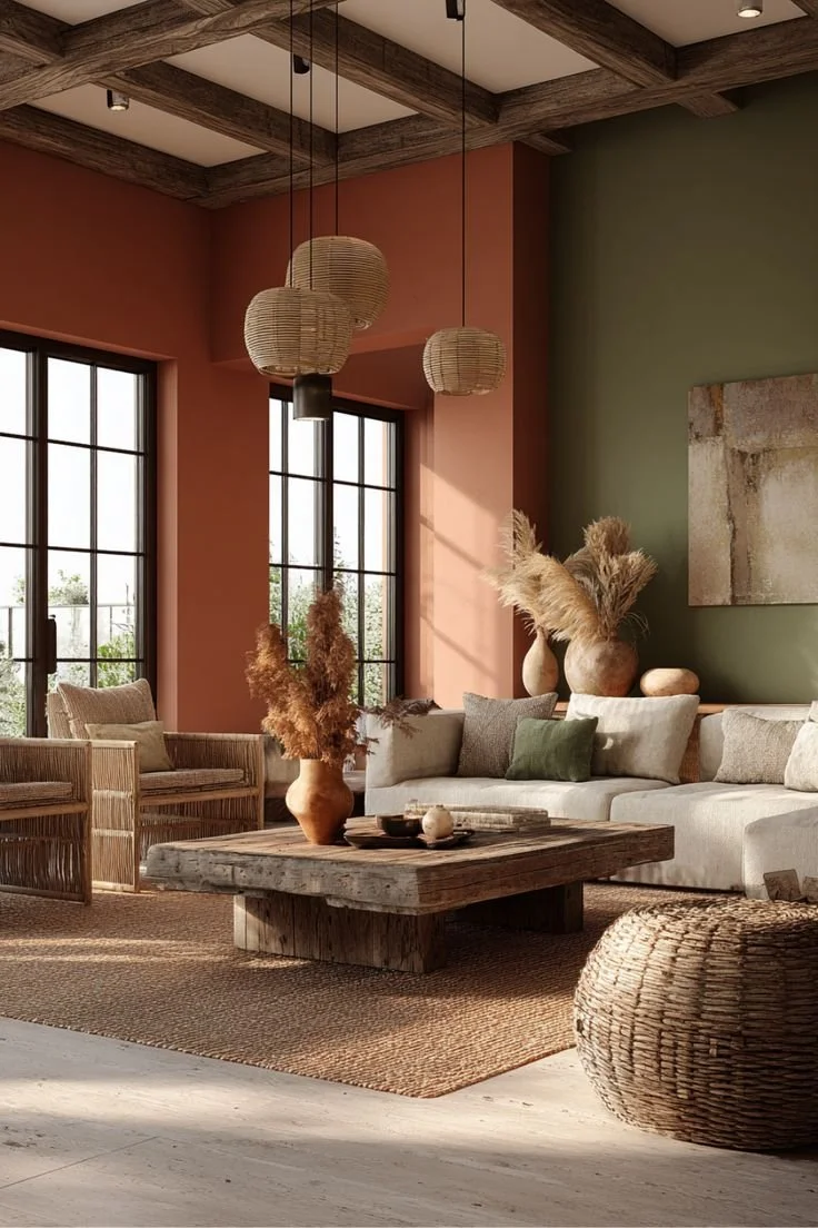 Salon maison neuve couleur terracotta et accent vert olive