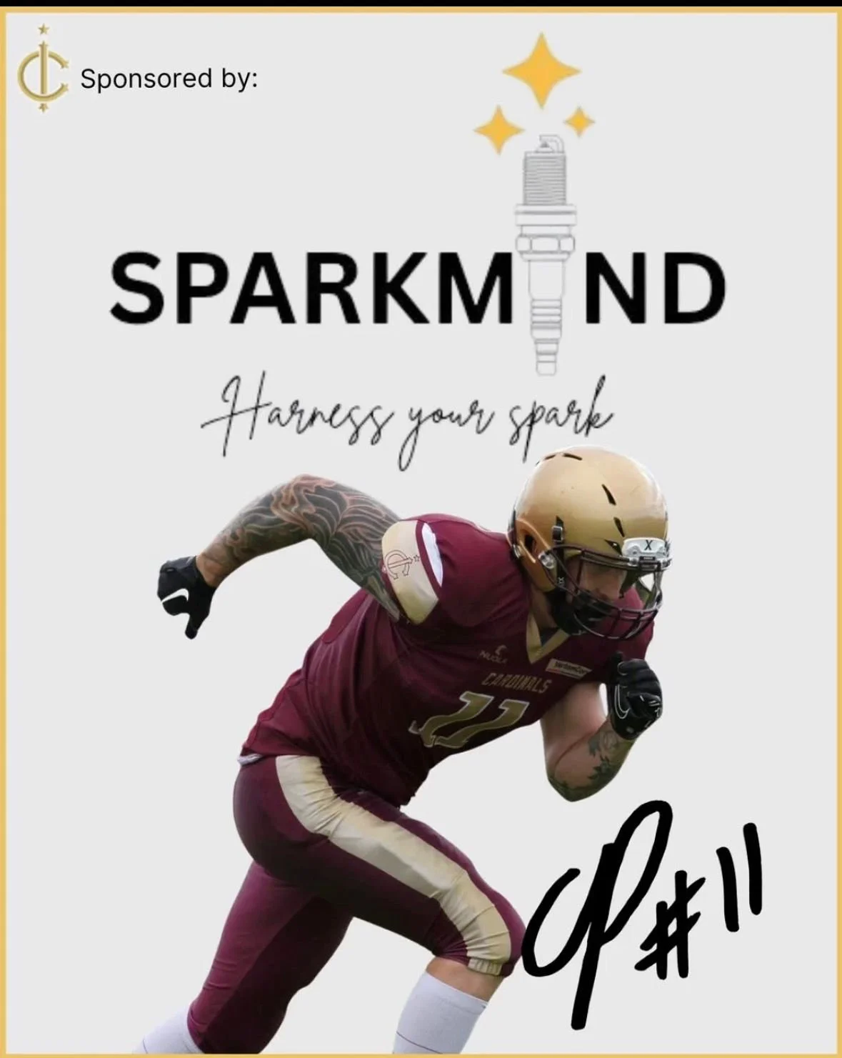 A football player in a maroon and gold uniform running with a football, wearing a gold helmet and gloves, with tattoos on his arm, on a plain background with the text "SPARKMNND" and a spark plug illustration, and the phrase "Harness your spark".