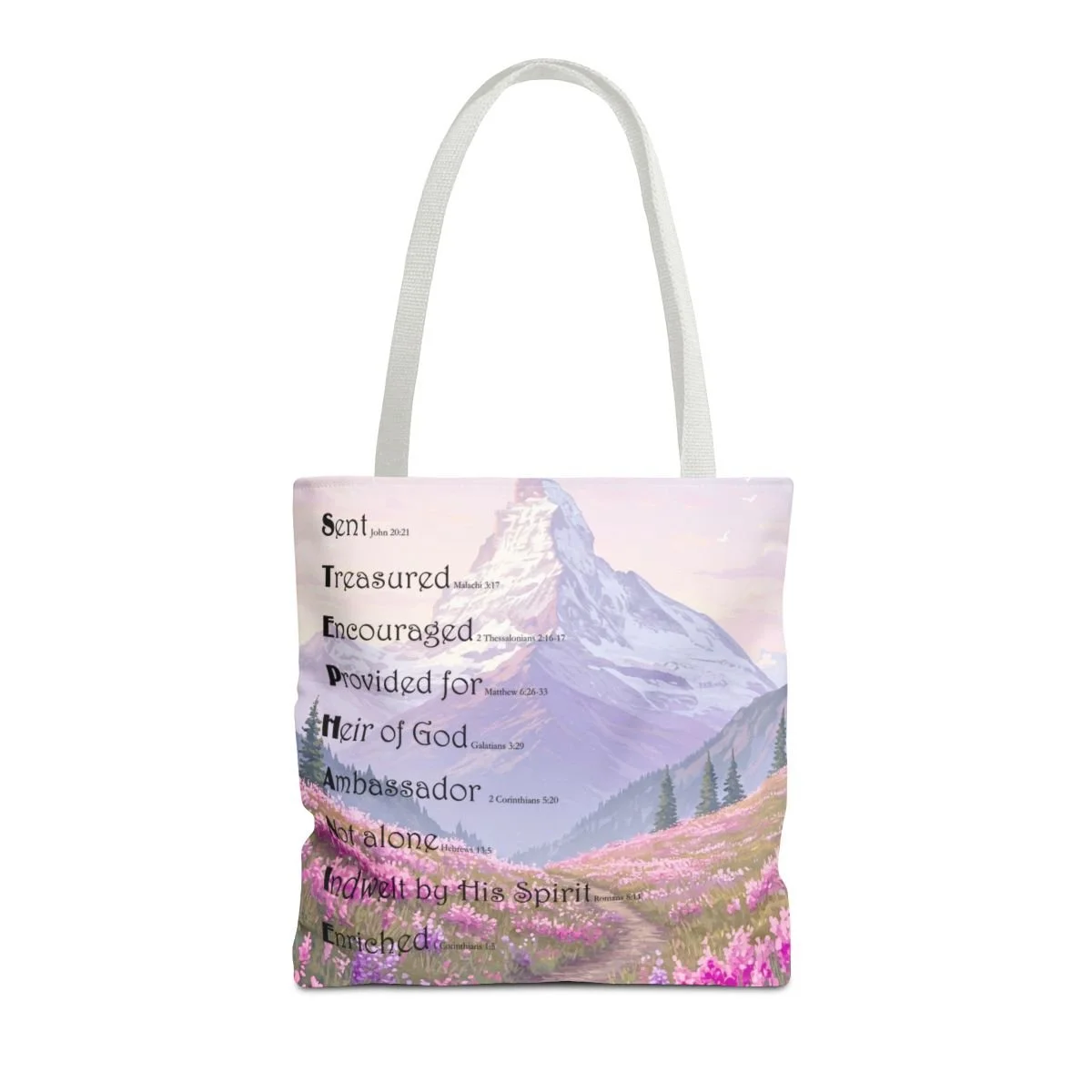 BlessD Personalized Name Art - Polyester Tote Bag - Pink n Purple Flowers w Mountains