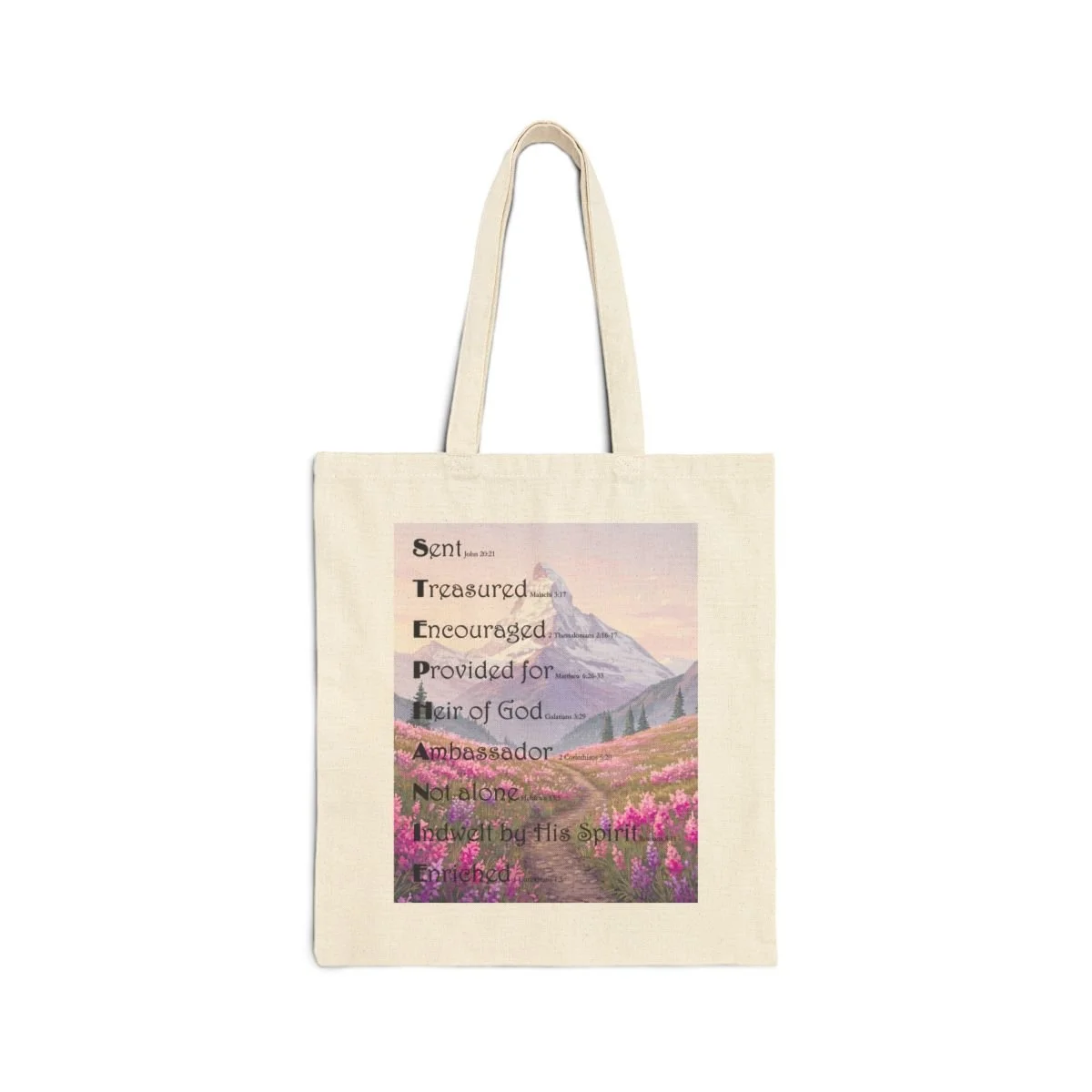 BlessD Personalized Name Art - 15×16 Canvas Tote Bag - Pink n Purple Flowers w Mountains