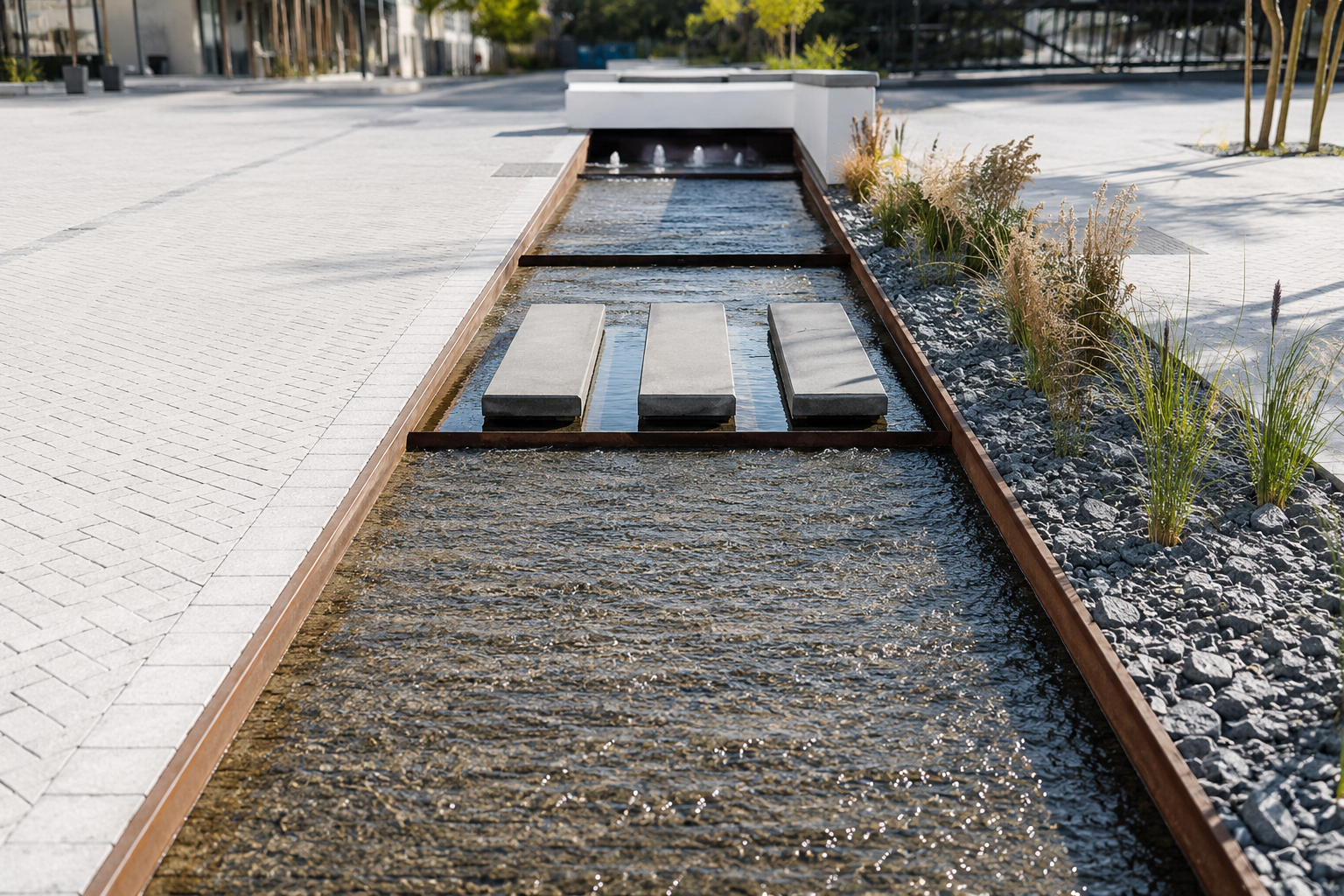 Elevated view of a modern park with paved walkways, trees, green grass, and rectangular flower beds, including a small water feature with a stepping stone pathway.