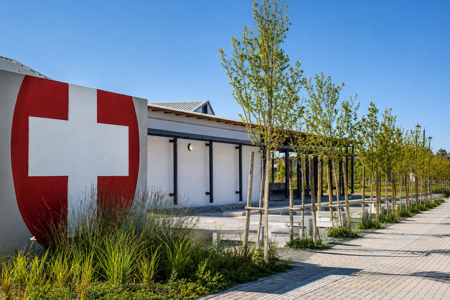 Two modern white houses with black roofs and wooden accents on a grassy field under a clear blue sky, with mountains in the background.