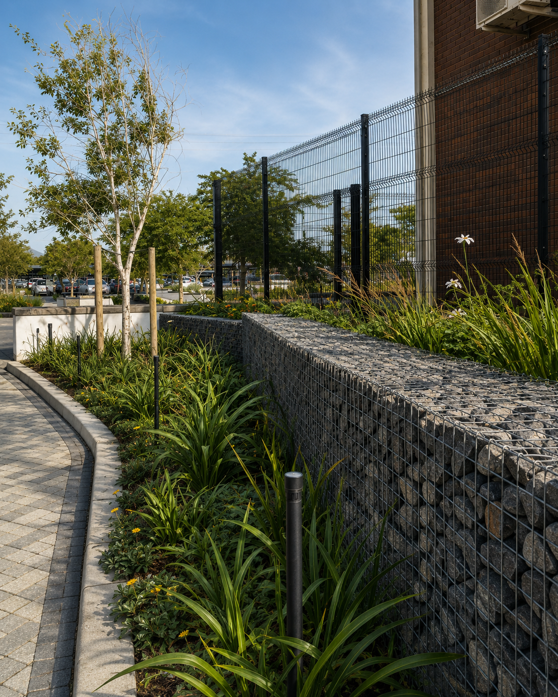 A landscaped outdoor area with a curved stone pathway, green plants, small trees, and a tall black metal fence next to a brick building.