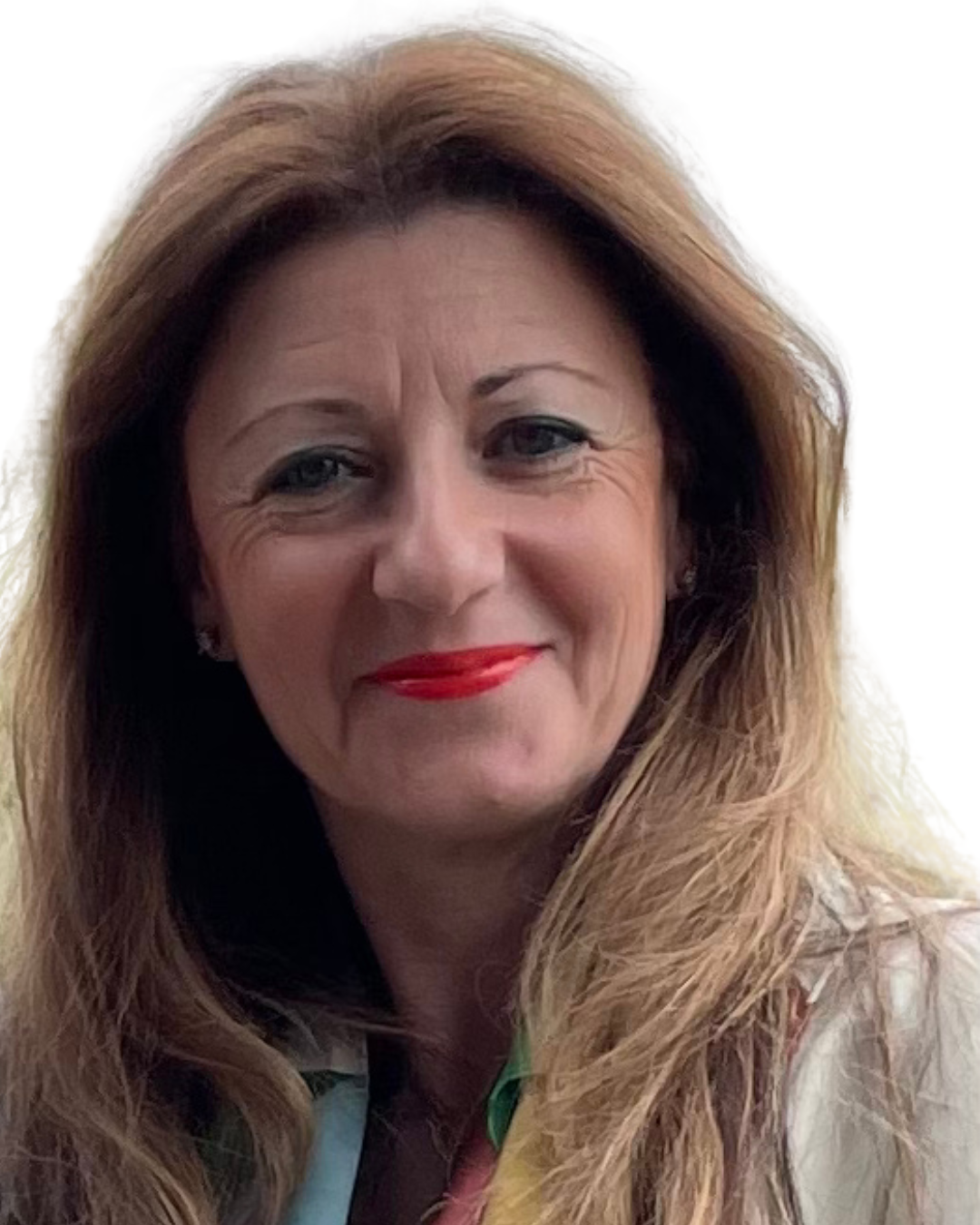 A woman with long, wavy, light brown hair with blonde highlights, wearing bright red lipstick, smiling softly, and wearing a light-colored blazer.