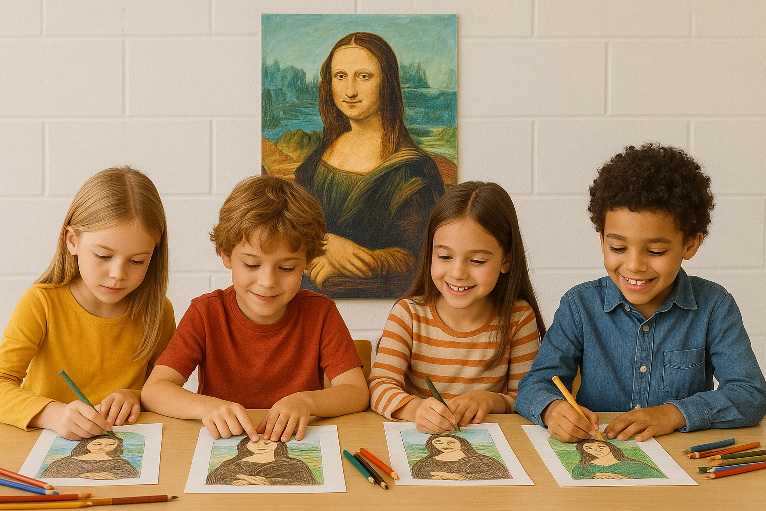 Four children sitting at a table, coloring pictures of the Mona Lisa, with a painting of the Mona Lisa hanging on the wall behind them.