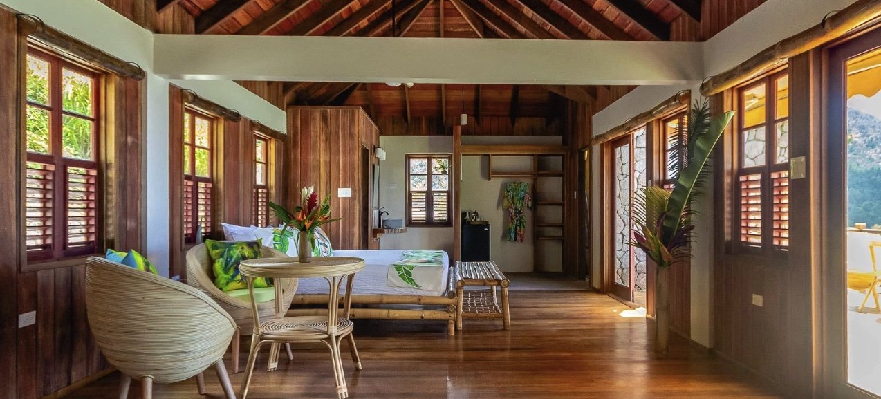Interior view of the spacious and comfortable queen-bed cottage.