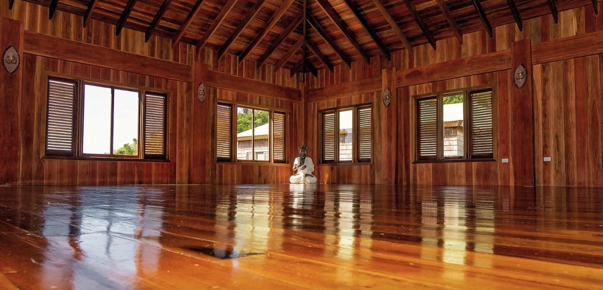 Interior view of the calming open-air yoga studio.