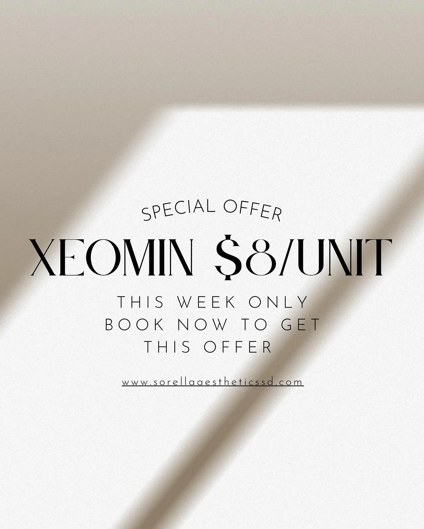 ✨ Xeomin Flash Sale! ✨
Book this week only and get Xeomin for just $8/unit (normally $10).
Don&rsquo;t miss your chance for smooth, refreshed skin at a steal! 💉

DM to book or visit our website to reserve your spot!
https://www.sorellaaestheticssd.c