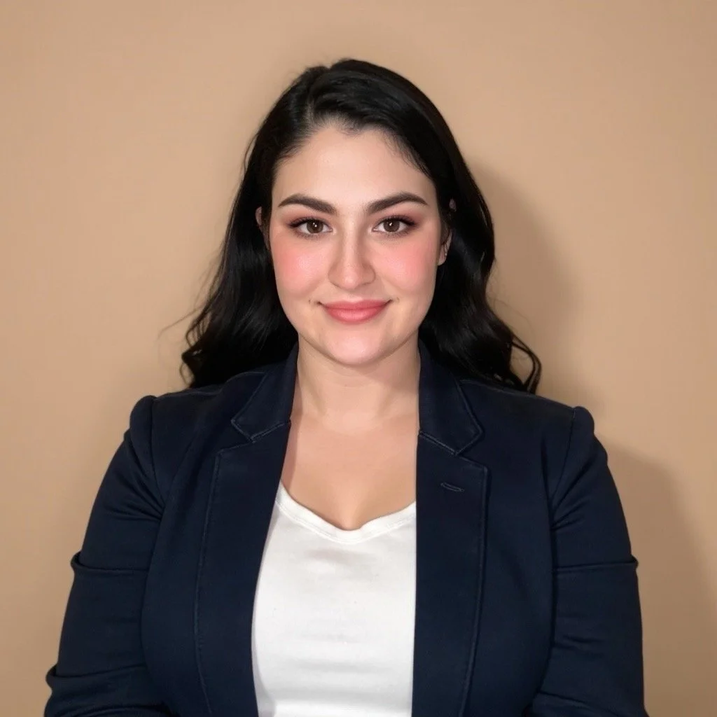A woman with dark hair, light skin, and makeup, smiling at the camera, wearing a white top and a dark blazer, sitting against a beige background.