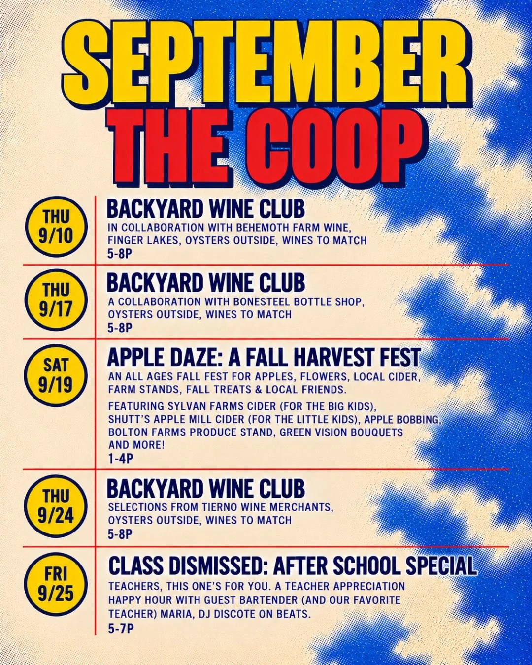 Event schedule flyer for September at the Backyard Wine Club, featuring dates, events, descriptions, and times including wine tastings, apple harvest festival, and teacher appreciation night.